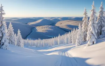 Snöklädda kullar och granar i solnedgången nära gruvberget i Boden. En skidspår leder genom det orörda vinterlandskapet.