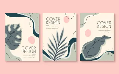 Trois maquettes de couverture de livre avec des motifs abstraits et des feuilles tropicales. Une belle idée de couverture de livre pour un projet nature.