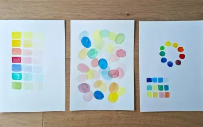 Trois feuilles présentent des études de couleurs à l'aquarelle, explorant comment disposer les couleurs de peinture dans une pièce.
