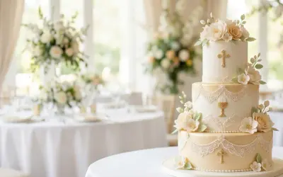 Elegancki tort na komunię dla dziewczynki, ozdobiony kwiatami i symbolami sakramentu. Tło stanowi udekorowana sala bankietowa.