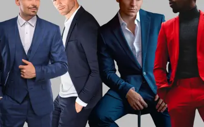 Czterech mężczyzn w eleganckich garniturach. Jeden w kratę, drugi granatowy, trzeci w ciemnym odcieniu niebieskiego, a czwarty w jaskrawoczerwonym power suit.