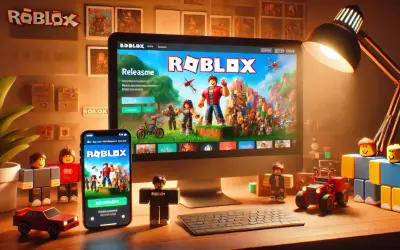 Na biurku komputer z ekranem Roblox, telefonem i figurkami. Kiedy powstał Roblox? To pytanie zadaje sobie wielu graczy.