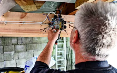 Elektryk kończy instalację elektryczną w garażu, łącząc przewody w puszce.