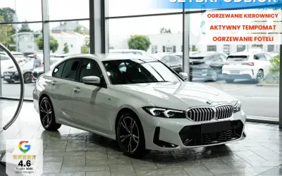 Białe BMW 318i z podgrzewaną kierownicą i fotelami, aktywnym tempomatem. Szybki odbiór w salonie.