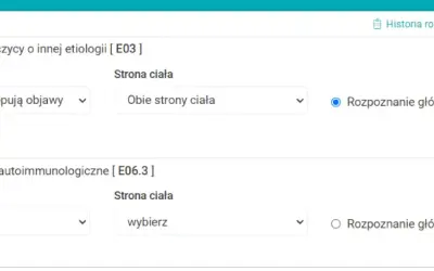 Zapis medyczny z rozpoznaniem niedoczynności tarczycy (E03) i zapalenia tarczycy (E06.3). Brak informacji o ICD 10 F84.