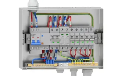 Wnętrze rozdzielni elektrycznej z wyłącznikami i przewodami. Sprawdź uzbrojenie rozdzielni elektrycznej cena.