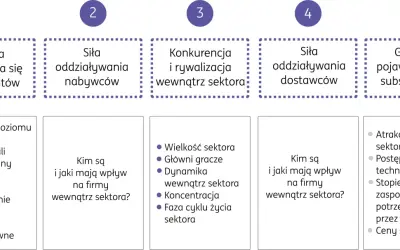 Analiza 5 sił Portera: groźba nowych konkurentów, siła nabywców i dostawców, konkurencja w sektorze, groźba substytutów.