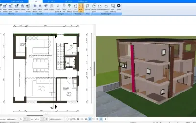 Grundriss in 3D umwandeln: Ein zweidimensionaler Bauplan wird zu einem dreidimensionalen Modell eines modernen Hauses mit mehreren Etagen.