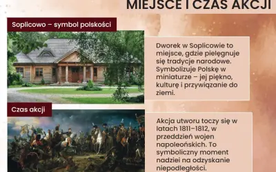 Drewniany dworek i scena batalistyczna z epoki napoleońskiej.