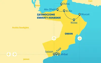 Mapa podróży po Zjednoczonych Emiratach Arabskich i Omanie. Trasa obejmuje Dubaj, Abu Zabi, Al Ain, Nizwę, Maskat, Salalah, Taqa i Mirbat.