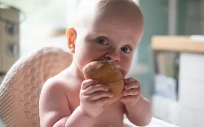 Małe dziecko z zaciekawieniem gryzie bułkę, mimo że może mieć uczulenie na gluten.