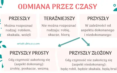 Diagram wyjaśnia odmianę czasownika przez czasy: przeszły, teraźniejszy i przyszły (prosty i złożony), z przykładami.
