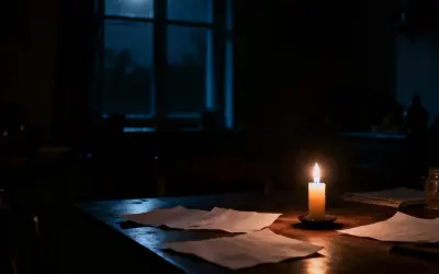 Nocny blackout. Płonąca świeca oświetla dokumenty na stole, księżyc zagląda przez okno.