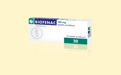 Opakowanie leku Biofenac 100 mg, zawierające 20 tabletek powlekanych. Aceclofenacum.