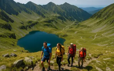 Grupa turystów wędruje po malowniczych górach fogaraskich, podziwiając jezioro i kręte ścieżki.