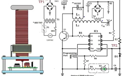 Schemat obwodu z cewką Tesli, transformatorem, tranzystorem i układem scalonym.