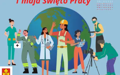 1 maja Święto Pracy. Ludzie różnych zawodów, od pielęgniarki po operatora kamery, stoją przed globusem, celebrując dzień pracy.
