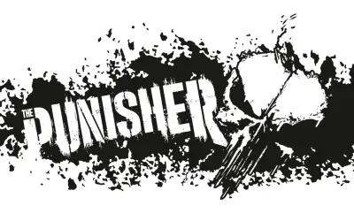 Czarno-białe logo z napisem "THE PUNISHER" i stylizowaną czaszką. Efekt rozbryzgów i zniszczenia.