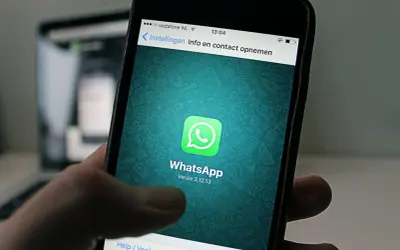 Dłoń trzyma smartfon z otwartą aplikacją **WhatsApp Business**. Na ekranie widnieje zielone logo aplikacji i jej nazwa.