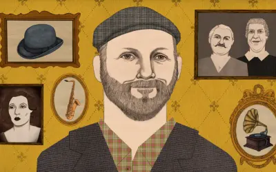 Illustration of a man with a beard and cap, surrounded by framed portraits of a woman, a saxophone, two men, and a gramophone.