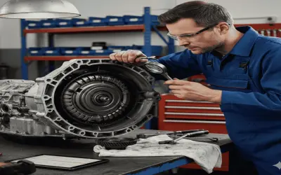 Mecánico revisa con lupa un complejo cambio CVT, asegurando su perfecto funcionamiento.
