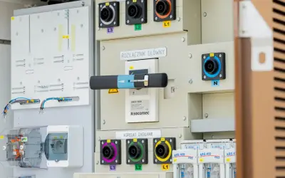 Panel sterowania z rozłącznikiem głównym i agregatami synchronizacji i zasilania. Widoczne złącza L1, L2, L3, N oraz bezpieczniki. System wykorzystuje izolację SF6.