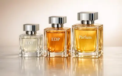 Trzy eleganckie flakony perfum: EDT, EDP i Parfum, o różnej intensywności zapachu, prezentują się na jasnym tle.