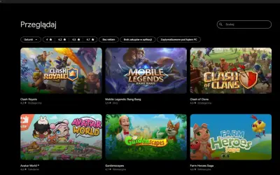 Gry Google Play na PC: Clash Royale, Mobile Legends, Clash of Clans, Avatar World, Gardenscapes, Farm Heroes Saga.