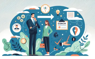 Biznesmen i kobieta rozmawiają. Na tablicy wisi napis "COACH". To symbol wsparcia i rozwoju.