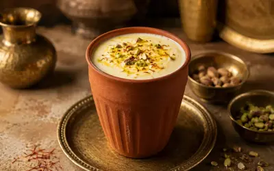 En krämig mango lassi i en terrakottaglas, toppad med pistagenötter och saffran.