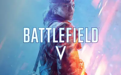 Kobieta w okularach lotniczych, z blizną na twarzy, w mundurze. Napis BATTLEFIELD V. To zapowiedź kampanii w grze.