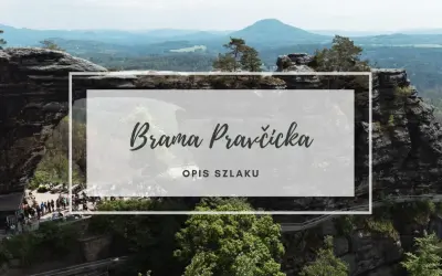 Kamienna brama Pravčicka w Czechach, malowniczy krajobraz z formacjami skalnymi i lasami.
