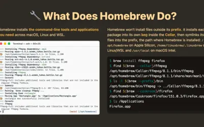 Exemple de l'utilisation de `brew install` sur Mac pour installer ffmpeg et firefox, montrant le processus et les fichiers installés.