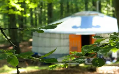 En rund yurt med orange dörr står i en skog. Nyrups Naturhotell erbjuder en unik vistelse bland träden.