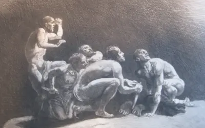 Männer in Not, die nach oben blicken, als ob sie sich fragen, wer war Prometheus und warum er ihnen das Feuer brachte.