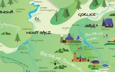 Mapa turystyczna z zaznaczonymi miastami, rzekami i szlakami. Widać Gorlice, Nowy Sącz i Beskid Niski, idealne na wycieczki po górach.