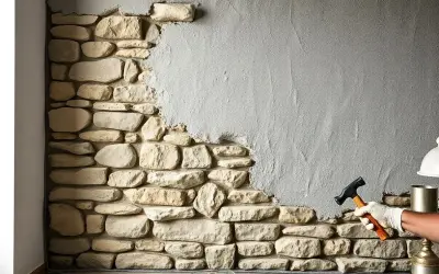 Maintenant, on va enlever l'enduit ciment sur ce mur en pierre. Un marteau et des gants sont prêts pour le travail.