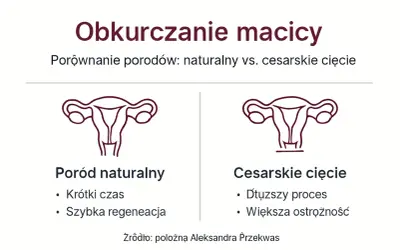 Porównanie obkurczania macicy po porodzie naturalnym i cesarskim cięciu. Ilustracje narządów rodnych.