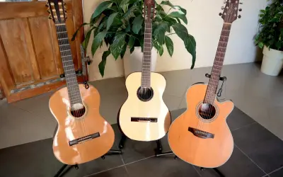Trois guitares folk nylon, une classique, une électro-acoustique et une autre, se tiennent fièrement sur leurs supports, prêtes à faire vibrer leurs cordes.