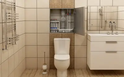 Jak ukryć rury w małej łazience? Wnęka nad toaletą z ukrytymi instalacjami i szafką.