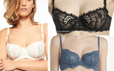 Modelli di reggiseno a balconcino in pizzo bianco, nero e blu.