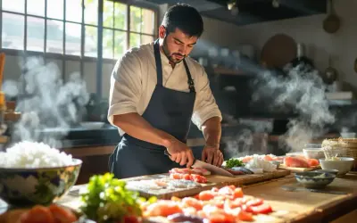 Szef kuchni kroi rybę, przygotowując się do zostania sushi masterem. Na stole ryż, warzywa i świeże składniki.
