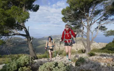 Zwei Wanderinnen mit Rucksäcken und Stöcken auf einem felsigen Pfad, umgeben von Bäumen und mit Blick auf eine hügelige Landschaft und das Meer. Eine tolle Tour, wie auf komoot geplant.
