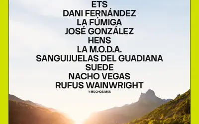 Cartel de festival en Pirineos Sur con nombres de artistas como Rufus Wainwright y Suede.