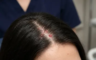 Lesiones rojas y escamosas en el cuero cabelludo, indicando un cuero cabelludo quemado.