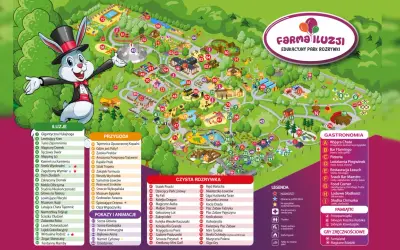 Mapa Farmy Iluzji, gdzie znajdziesz atrakcje, gastronomię i pamiątki. Idealne miejsce na rodzinne wycieczki, np. do papugarni Gdynia.