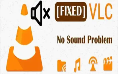 VLC no sound problem fixed. The image shows the VLC logo with a muted speaker icon and text indicating a solution for no sound issues.