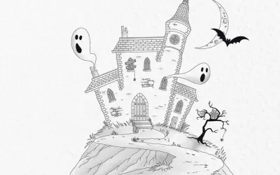 Jak narysować halloween: nawiedzony dom, dwa straszne duszki, nietoperz i księżyc.
