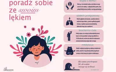 Ilustracja pokazuje spokojną dziewczynę otoczoną kwiatami i liśćmi, z tekstem "poradź sobie ze swoim lękiem". Obok znajdują się porady, jak radzić sobie z lękiem.