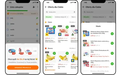 Aplikacja lista zakupów pokazuje promocje na masło i banany. Znajdź najlepsze oferty, by oszczędzić.
